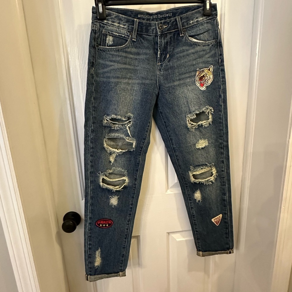 Articles of Society High Rise Distressed Jeans with Patches - Blue